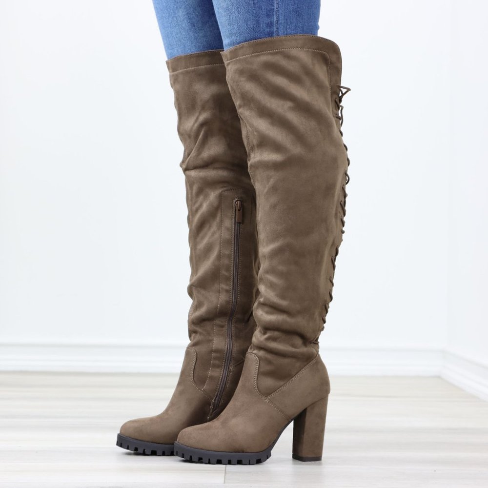 Full Lace-Up Back Taupe Faux Suede Thigh High Over The Knee Lug Block Heeled Boo - Picture 12 of 14